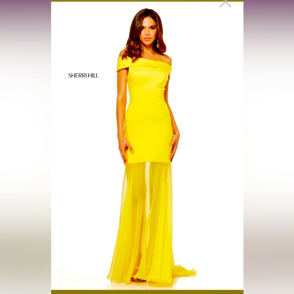 Sherri Hill Off Shoulder Yellow Mini Dress with Chiffon Trail